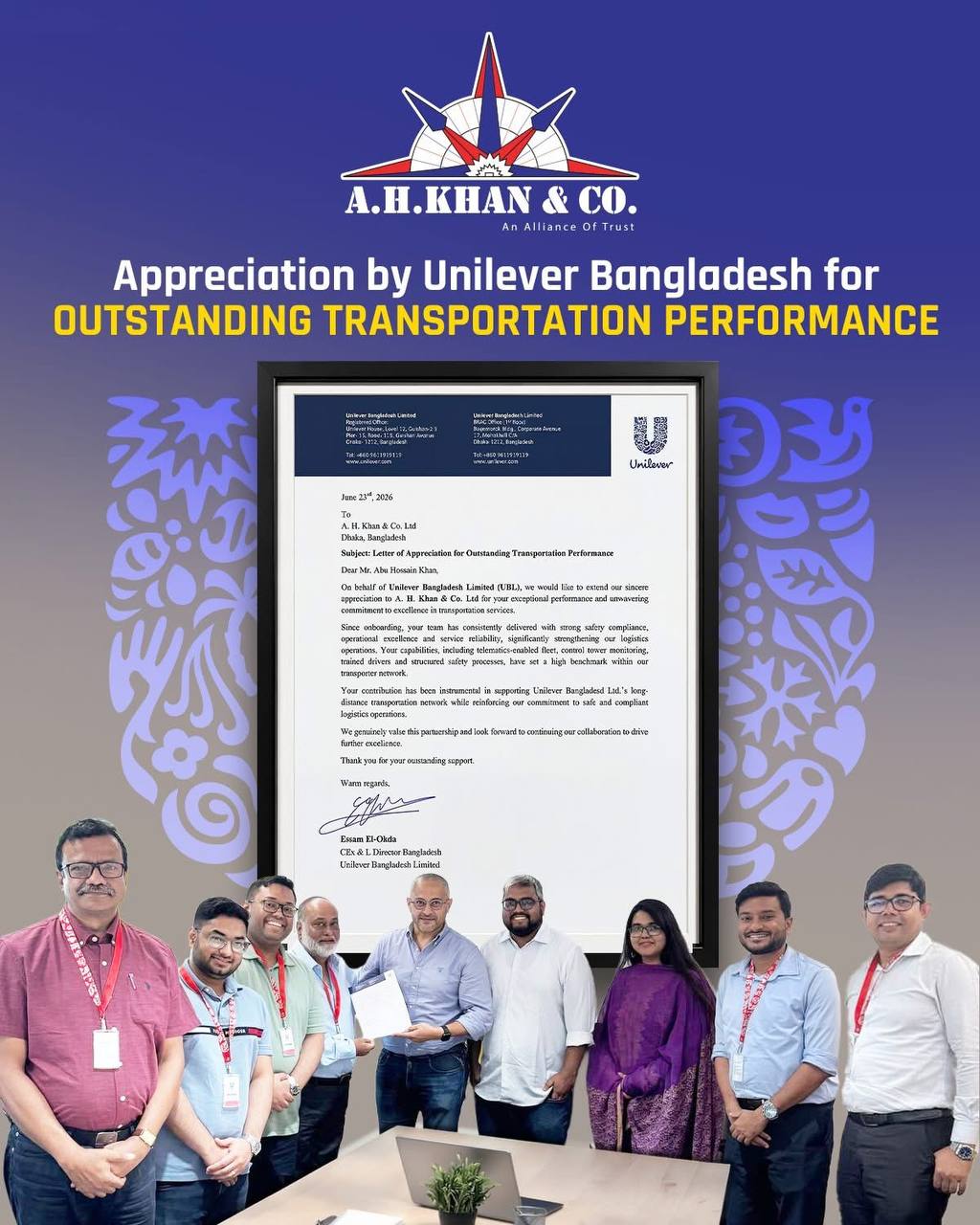 Appreciation by Unilever Bangladesh for Outstanding Transportation Performance